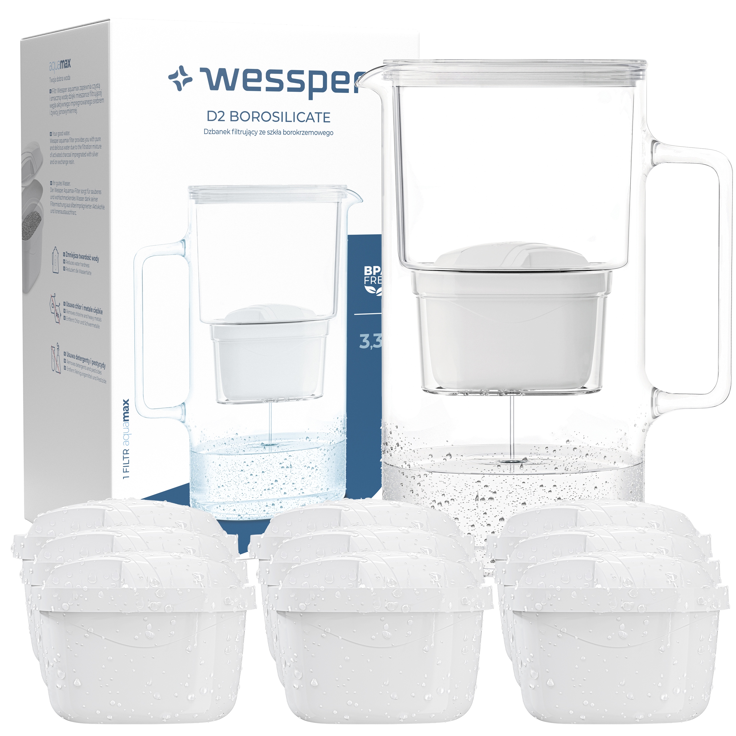 Wessper D2 Borosilikátový Aquamax + Aquafloow Maxi filtračná kanvica 3,3 l biela
